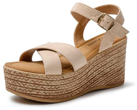 JOMIX Damen Sandalen Elegant Sommerschuhe Keilsandalen Sandaletten Mit Absatz Plateau Bequem Sommer Strandsandalen (Beige, 37 EU)