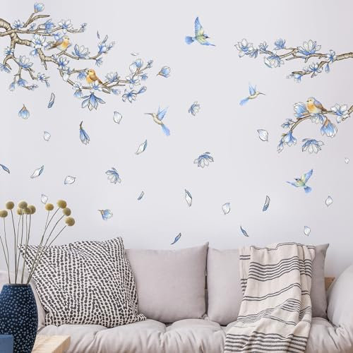 Tanlaby Stickers Muraux Branche de Magnolia Bleu Autocollants Muraux Vignes D'oiseaux Sticker Mural Amovibles Deco Stickers pour Salon Chambre à Coucher Décoration Murale