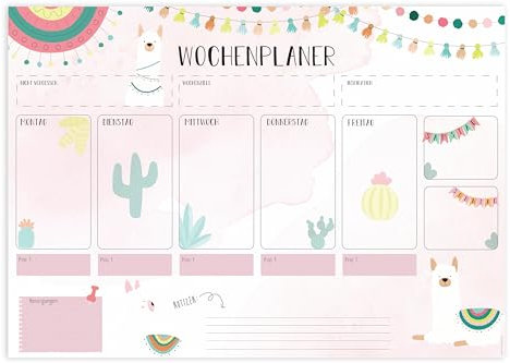 Friendly Fox Wochenplaner Block Lama, 2x DIN A4 Schreibtischunterlage als Kalender ohne festes Datum, Weekly Planer, Schreibblock Organisation to do, Doppelpack