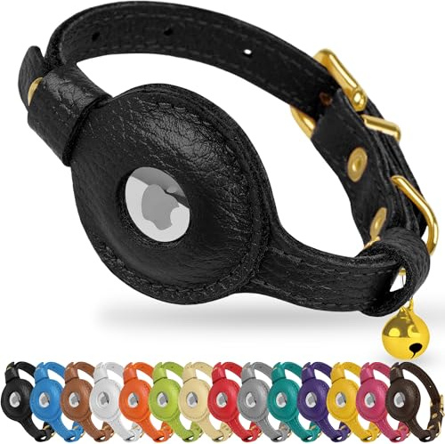 OOPSDOGGY AirTag-Katzenhalsband aus Leder mit Glöckchen, Nicht abreißbar, mit Apple Airtag-Halter, leichtes GPS-Haustierhalsband für Mädchen, Jungen, Katzen, kleine Hunde, Welpen (Black)
