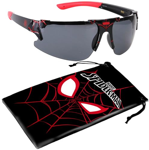 Marvel Spiderman-Sonnenbrille für Kinder, stilvoll, bequem und langlebig, UV-Schutz, Spiderman-Brille mit weicher Tragetasche, Schwarz, Boys