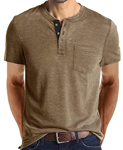 Mens Henley T-Shirts Short Sleeve Tops Casual Tees Cotton Shirt Crew Neck Top Basic T-Shirt Knitted Buttons Khaki M