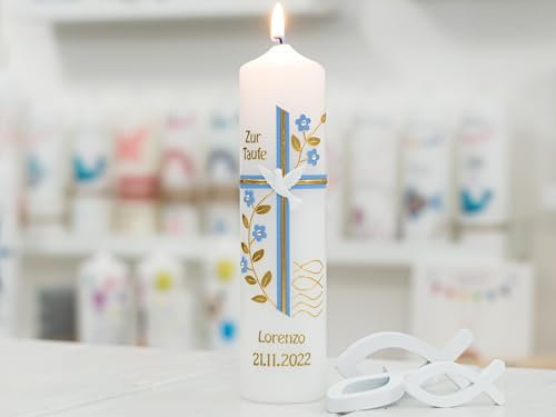meinkerzenshop Taufkerze Lorenzo personalisiert mit Name und Datum, individuell und mit Echtwachs handverziert für Junge und Mädchen