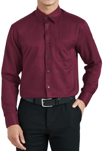 HISDERN Camicia Bordeaux Uomo Elegante Camicie da Uomo Manica Lunga di Cotone con Taschino Bottoni Regular Fit Formale Tinta Unita Matrimonio XL