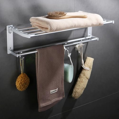 Toallero de Baño de Montaje en Pared, Soporte Autoadhesivo, Barra Plegable de 90°, Sin Taladrar, Para Toallas de Invitados, Aluminio