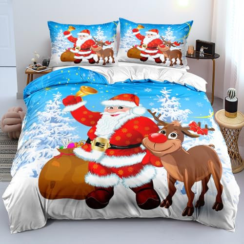 YASMENG Bettwäsche Weihnachten 200x200 Weihnachts Rot Blau 3D Weihnachten Bettwäsche Weich Christmas Bettwäsche 3 Teilig für Jugendliche Jungen Kinder mit Reißverschluss und 2 Kissenbezüge 80x80 cm