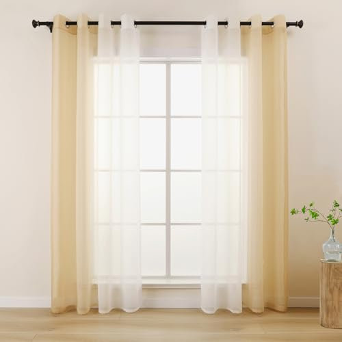 L.Z.E Gardine Beige Weiß Farbverlauf, Transparente Vorhänge für Wohnzimmer Schlafzimmer, 140 x 225 cm Lang, 2er Set Voile Gardinen Vorhang mit Ösen, Gardinenschals Dekorativ Und Leicht