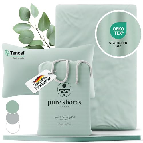pure shores - Lyocell Bettwäsche 135x200 | Bettwäsche Set 100% Lyocell Satin | Oeko-Tex | Tencel | Reißverschluss | Set mit Kissen (Ozean-Grün, 135x200 + 80x80 cm)