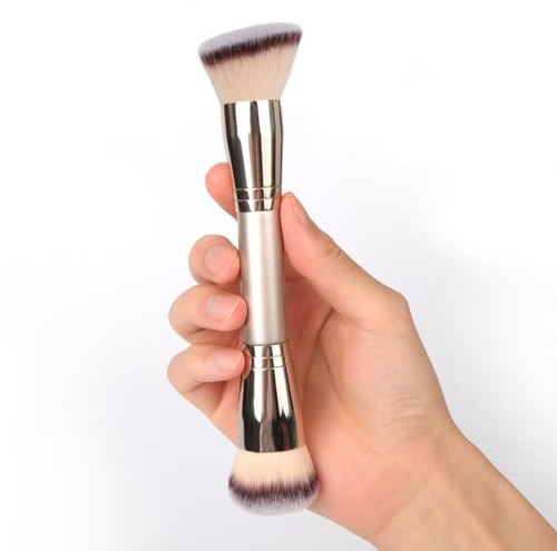 Dual-Ended Foundation Brush: Round & Angled Pro-Grade makeup brushes, 100% Vegan Synthetic Makeup Brush for Flawless Blending and Application of Liquid, Powder, Cream, Blush