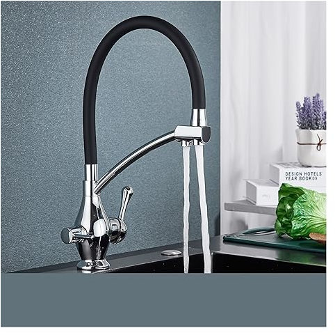 Rubinetto da cucina con acqua filtrata 2 in 1 Rubinetto con filtro a doppio beccuccio in ottone Rubinetto da cucina Girevole nero con beccuccio a scomparsa Rubinetto miscelatore(Chrome A)