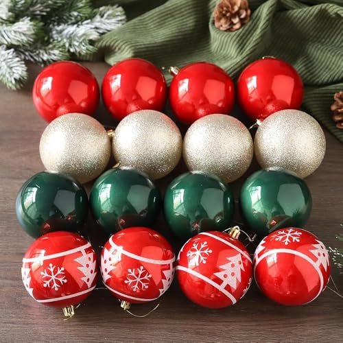 Christmas Tree Ornaments 16Pcs 3.15'' Red Green Champagne Christmas Ball Ornaments for Xmas New Year Shatterproof Christmas Decorations
