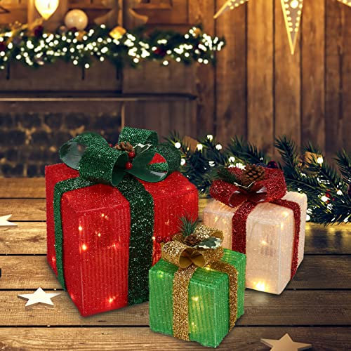 LEADZM LED Weihnachten deko-3er Set-Weihnachts Dekoboxen-warm weiß beleuchtet-Batterie betrieben-Geschenkbox für Christbaumschmuck (rot, grün und weiß)
