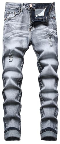 JENY-LUCK Mens Jeans Skinny Stretch, Mid Rise Colored Jeans Elastic Waist 4 Seasons Fashion Mens Ripped Skinny Slim Fit Destroyed Jeans Stretchy Distressed Denim Pants