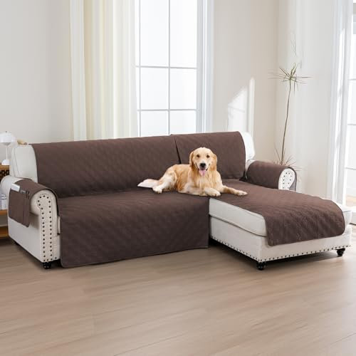 BellaHills 100% Wasserdicht Couch Überzug L Form (247cm) wasserdichte, Reversibe Sofa Cover L Shape, Sofabezug Ecksofa U Form Waschbar, Braun
