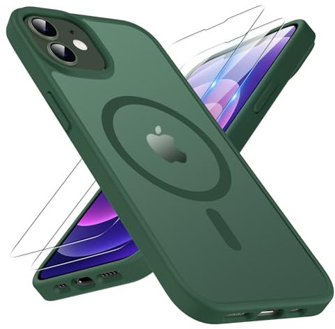 TQIAHF Magnetic Phone Case for iPhone 12/iPhone 12 Pro Case with 2 Tempered Glass Screen Protector Compatible with MagSafe Military Grade Translucent Matte Phone Cover for iPhone 12/12 Pro,Green