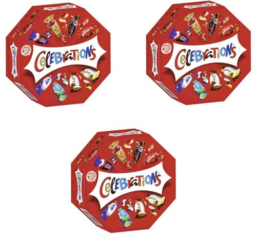 CELEBRATIONS Geschenkbox 3x 186g Geburtstag Weihnachten Keks mit Milchschokolade Mars Snickers Twix Bounty Milky Way Galaxy Caramel Maltesers Teasers