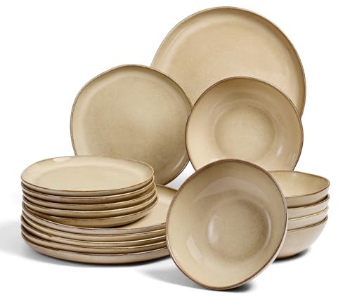 Geschirrset 6 Personen, Onader 18 Teiliges Tafelservice Steingut Set, Unregelmäßig Rund Müslischalen Dessertteller Speiseteller, Anti-Kratzer & Mikrowellenfest, Reaktives Sandfarbenes Khaki