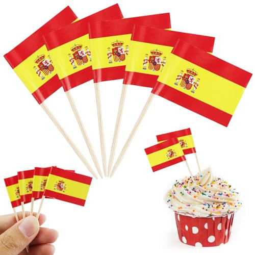 Lot de 110 cure-dents drapeaux espagnols - Décoration espagnole - Petit mini cure-dents pour l'Euro 2024 - Euro - Concours olympique - Cupcake - Décoration de cocktail - Décoration de fête