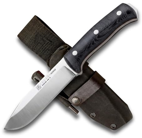 Joker Bushcraft-Messer Nomad CM125-F, 12,7 cm Klinge, Griff aus schwarzem Micarta Canvas, Kydex-Scheide mit Feuerstarter, Werkzeug für Angeln, Jagd, Camping und Wandern