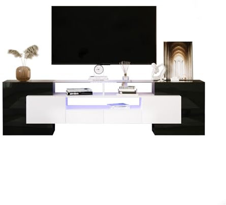 Wuudi Meuble TV élégant - Panneau bas - Blanc brillant et noir - 200 cm - Éclairage LED - Meuble de salon - Design moderne - Surface en verre élégante.