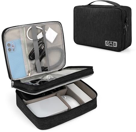 Tunejoy Bolsa de Accesorios Electrónicos Organizador de Viaje para Tableta de 2 Capas Portátiles Estuche Cables de Almacenamiento para Cargador Banco de Energía 27x20x8 cm Negro