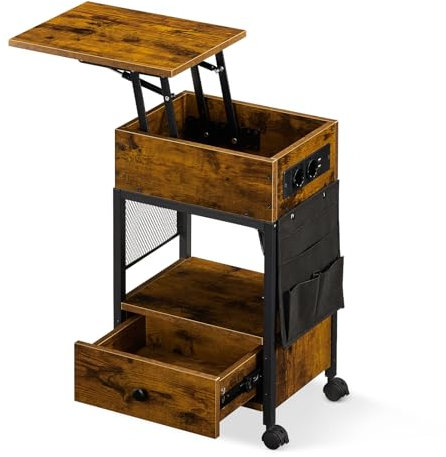 CLIPOP Nachttisch höhenverstellbar, Beistelltisch mit Ladestation, Nachtschrank mit 2 AC-Anschlüssen, 2 USB-Anschlüssen, Sofatisch aus Holz für kleine Räume Wohnzimmer Schlafzimmer, Vintagebraun