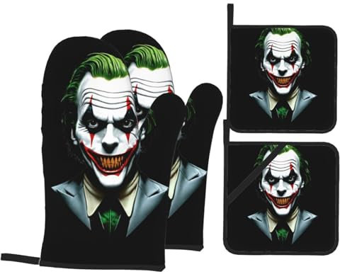 RRKDOY Trendige Clown-Avatar-bedruckte Ofenhandschuhe, Topflappen, Set mit 4 Stück, für Küche und Backen, wasserdicht, hitzebeständig und langlebig