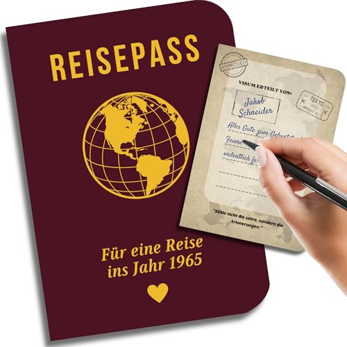 EQUIK PRODUCTS 60. Geburtstagskarte | 60. Jubiläum | Geschenk für Männer & Frauen | Gästebuch & Unterschriftenbuch | Jahr 1965 | Reisepass in die Vergangenheit (1965)