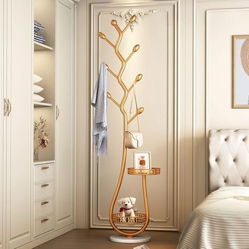 CYQQRDZSW Porte Manteau sur Pieds en Métal, Porte Manteaux en Forme d'arbre pour Hall d'entrée, Coat Rack avec Panier de Rangement, Suspendre Vêtements, Chapeaux(Gold)