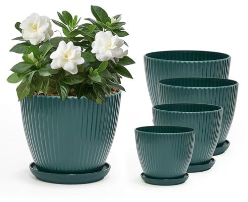 Lusibaka Plastic Plant Pots Set 4 Pack with Drainage Holes Saucers (19/17/15/13cm)-Modern Decorative Flower Pots for Indoor Plants in Assorted Colors (Jungle Green 4 Piece)