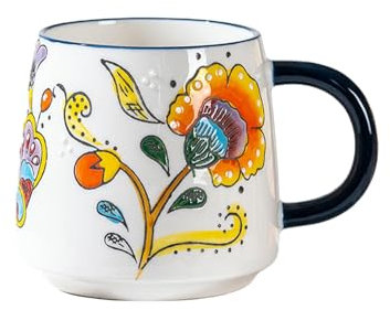 Ceramic Mark Tasse créative, peinte à la main en relief, grande capacité, grande capacité – Fond blanc fleur ancienne (boîte de couleur)