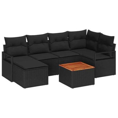 vidaXL 7-teiliges Gartensofa-Set mit Kissen in Schwarz aus Poly-Rattan und Akazie - Modular und wetterfest für 4 Personen, ideal für Terrasse, Balkon oder Wintergarten.