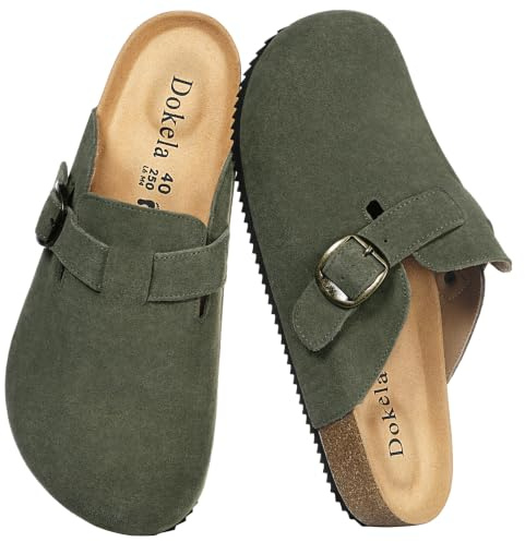 Suede Clogs for Women Men Soft Cork Footbed Leather Mules Comfort Slippers | Arch Support, Anti-Slip, Adjustable Buckle