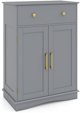 COSTWAY Bathroom Floor Cabinet, Freestanding Storage Cupboard with Drawer, 2 Doors and Adjustable Shelf, Modern Wooden Bathroom Unit Side Cabinet for Living Room Hallway Kitchen, 56x30x80cm (Grey)