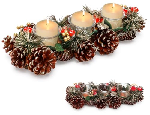 Gohytal Couronne de l'Avent allongée, Bougeoir Noël pour 3 bougies, Porte-bougie, Bouquet d'Avent, Porte-bougies XL pour l'Avent, Barre de bougies comme décoration de table