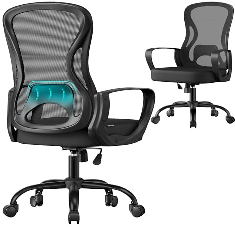 SONGMICS Bürostuhl ergonomisch, Drehstuhl mit Netzgewebe, Schreibtischstuhl mit Lendenstütze, Wippfunktion, Armlehnen, für Arbeitszimmer, Schlafzimmer, tintenschwarz OBN043BH02