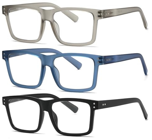 ZXYOO 3 Paia Occhiali da Lettura Uomo con Filtro Luce Blu, Montatura Oversize Quadrata Grande +1.50