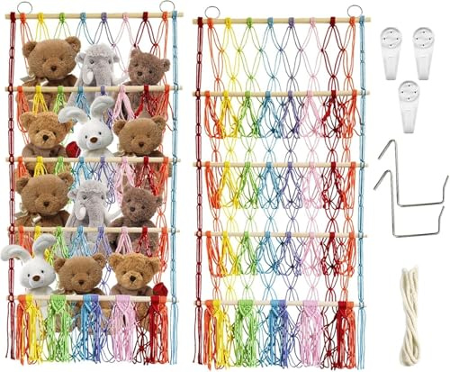 Kuscheltier Aufbewahrung, 4 Lagen Plüschtier Kuscheltiere Aufbewahrung Netz | Boho-Macramé Hängematte mit 2 Haken, Kinderzimmer Deko für Plüschtiere und Teddybären