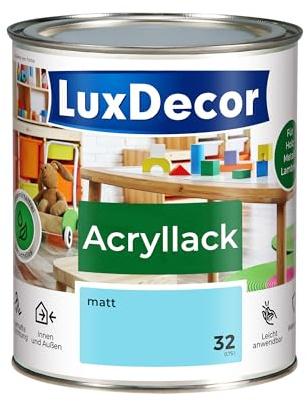 LuxDecor Acryllack 750ml Matt (32) Blaue Lagune, Holzlack Buntlack | Spielzeuge Metall Möbel Fenster, Sicher Kindermöbel Spielzeuge