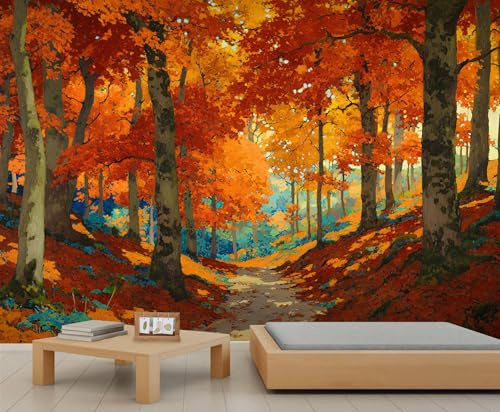 Autumn Forest Path Mural Red Trees Maple Leaves Mountain Road Deciduous Landscape Wall Mural Wallpaper Golden Pathway Scenic Wallpaper Fall Natural Scenery Wall Paper
