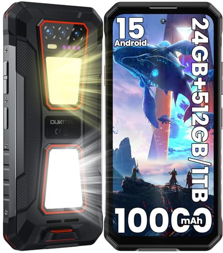 OUKITEL WP58 Pro Telephone Incassable 5G Android 15, 24Go+512Go Smartphone Incassable, Double Lampe Camping, 64MP+8MP Vision Nocturne, 10000mAh/33W, 6.7 FHD+ 120Hz, Fingerprint/GPS/NFC/OTG, Orange