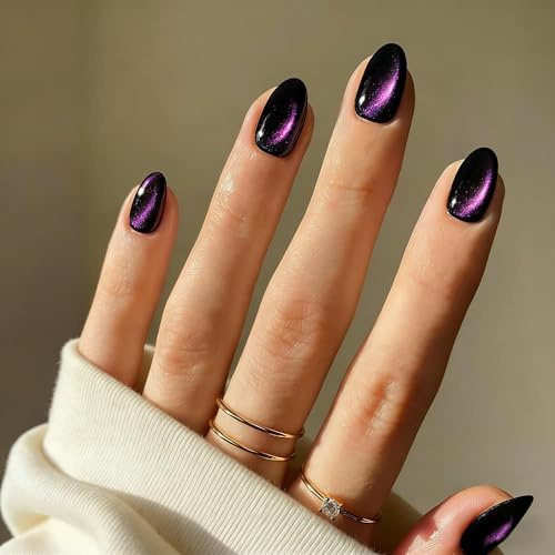 SXVME Cat Eye Press On Nails Short - Dark Purple False Nails Oval, 30 Pcs 15 Sizes Glitter Black Fake Nails Press ons, Upgrade Thick Quality, Reusable Almond Glue on Nail for Women Goth