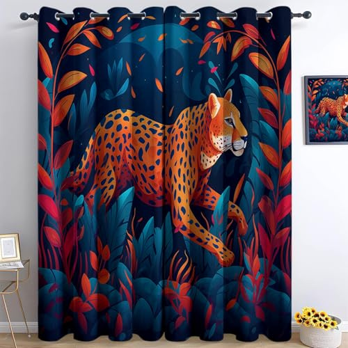 Generisch Verdunklungsvorhänge für Leopard, 117 x 230 cm (B x H), für Jungen Mädchen, Blickdichte Gardinen Ösenpaar, Zeichentrickfilm Dschungel Gepard Vorhänge für Kinderzimmer