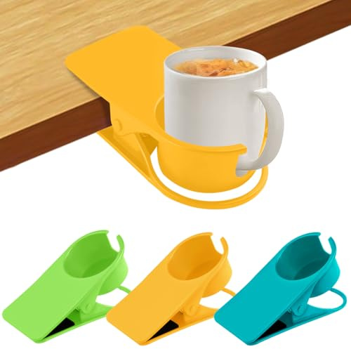 TOROKOM Drinking Cup Holder Clip, 3PCS Chair Desk Bottle Cup Stand Glass Clamp Storage Saucer Clip with Groove for Potted Plant Beverage Coffee Mug Holder for Home & Office (Yellow Green Blue)