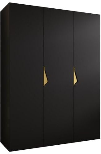 MEBLE KRYSPOL - Kleiderschrank - Garderobenschrank - 150 cm x 202 x 52 cm - Schrank mit Kleiderstange, 3 Türen - für Schlafzimmer, Flur - SANDI, Schwarz, Griff Gold