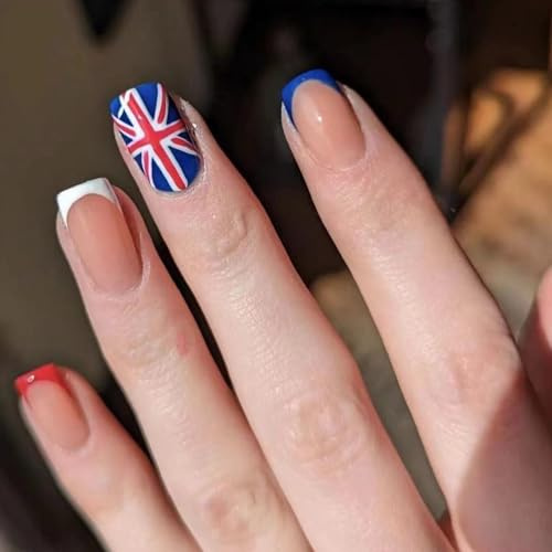 British Coronation Day French Press on Nails Short Square Fake Nails Red Blue and White False Nails with French Tips Design Stick on Nails for Women Girls Manicure Decoration 24 Pcs