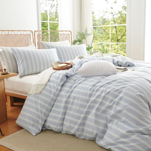 Sedefen Bettwäsche 220x240 cm Baumwolle Gestreift Blau Weiß,Leinenoptik | Oeko-TEX zertifizierte,Baumwollbettwäsche,Renforce Bettwäsche für Allergiker,Bettbezug mit Reißverschluss 2 Kissenbezug 80x80