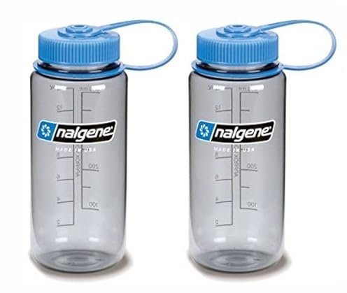 Nalgene Tritan 16oz Plastic Water Bottle Gray w/Blue Cap Wide Mouth 2-Pack