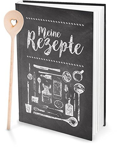 Logbuch-Verlag XXL Rezeptbuch zum Selberschreiben Buch leer Rezepte einschreiben Geschenk-Set mit Kochlöffel schwarz weiß vintage DIN A4