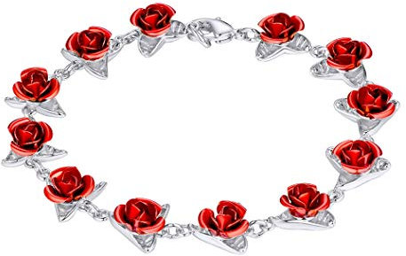 Suplight Bracelet Femme Plaqué Or Blanc 19cm avec Décor de Rose Fleur Rouge Bijoux Fantaisie pour Jeune Fille Accessoire Cadeau Parfait pour des Anniversaire Fêtes
